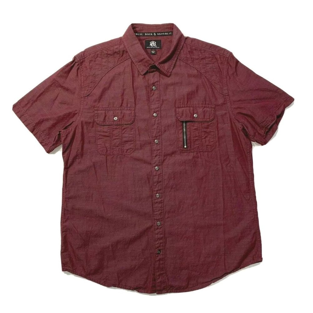Rock &‎ Republic Button Up Shirt Short Sleeve Cotton Flap Pockets Maroon XL NWOT